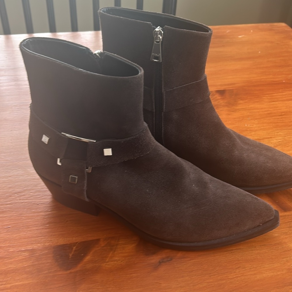 Dark Brown Suede Ankle Boots with Silver Accents